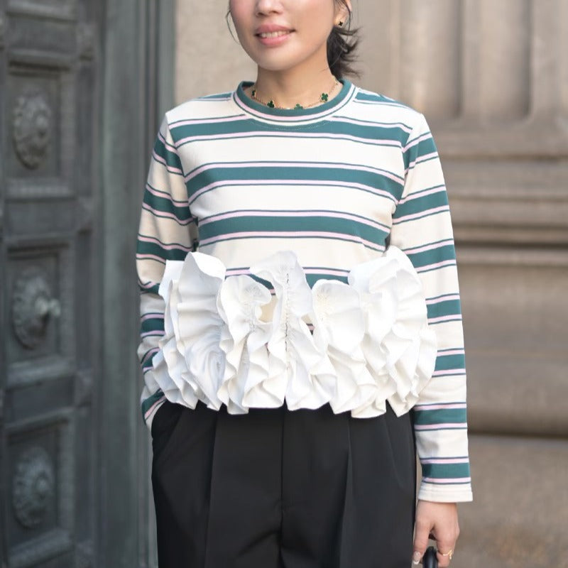 New Cool Women's Striped Long-sleeved Stitching Women's T-shirt