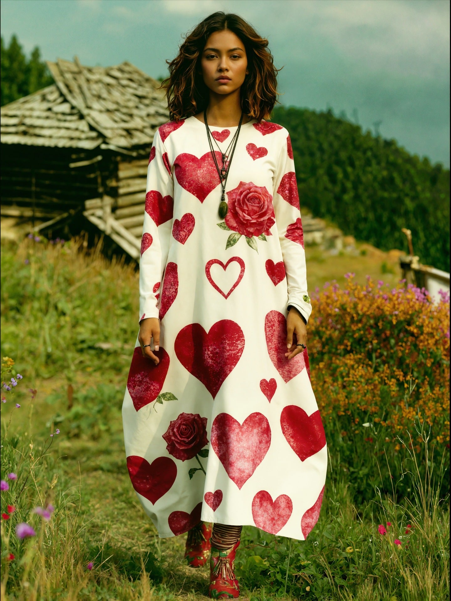 Women's Bohemian Heart Printing Round Neck Long Dress