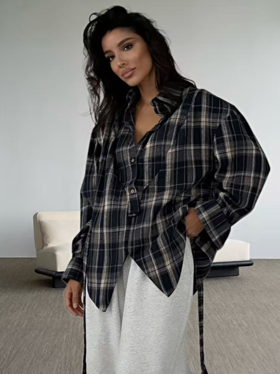 Retro Plaid Design Long Sleeve Shirt Waist Tops