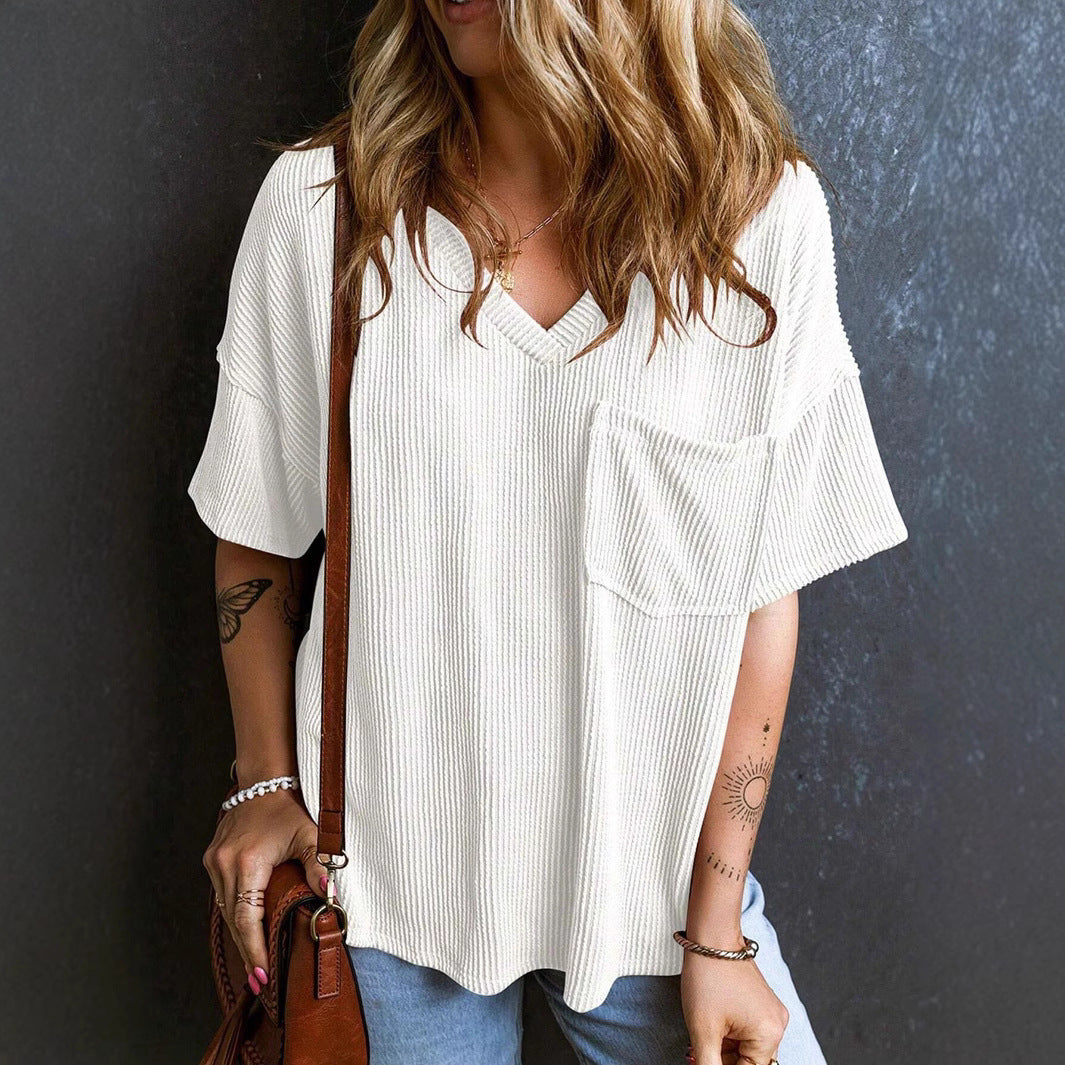 Women's Fashionable Two-color Twisted Pocket Short-sleeved For Tops