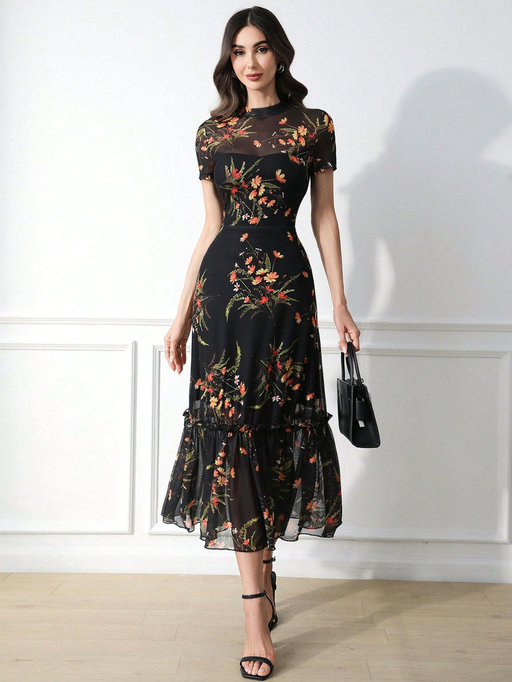 Dark Elegant Floral Print Sleeve Mesh Dress