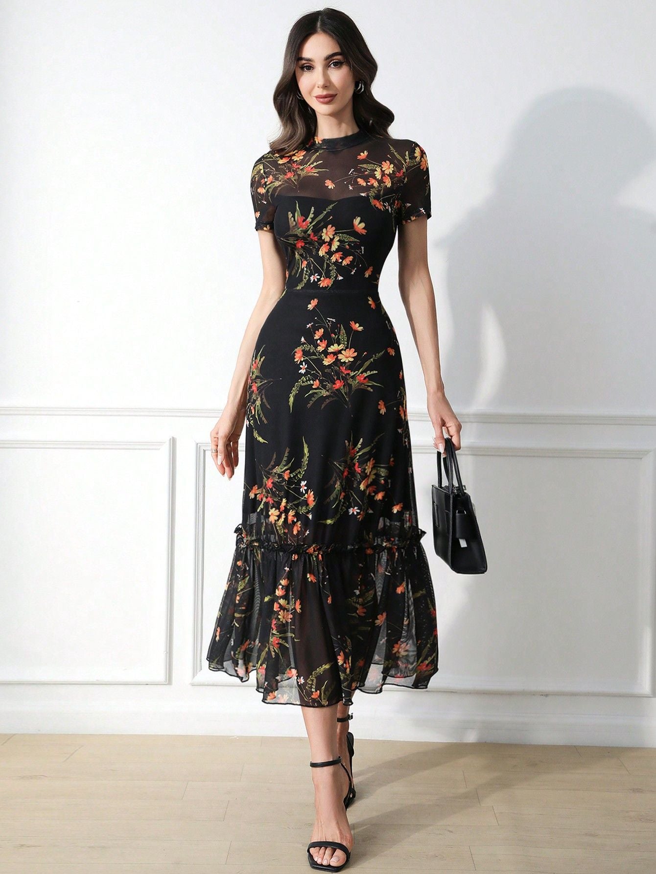 Dark Elegant Floral Print Sleeve Mesh Dress