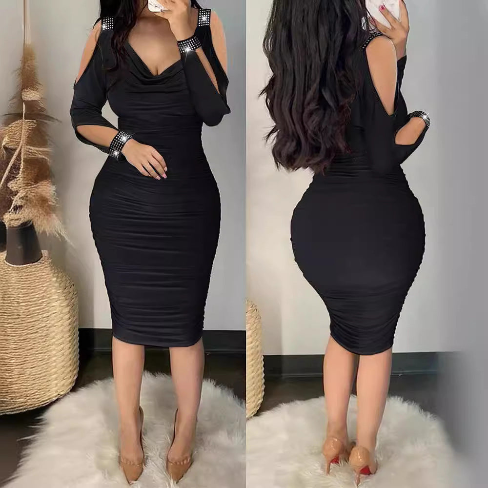 Classic Women's Rhinestone Pleated Tight Sheath Dress