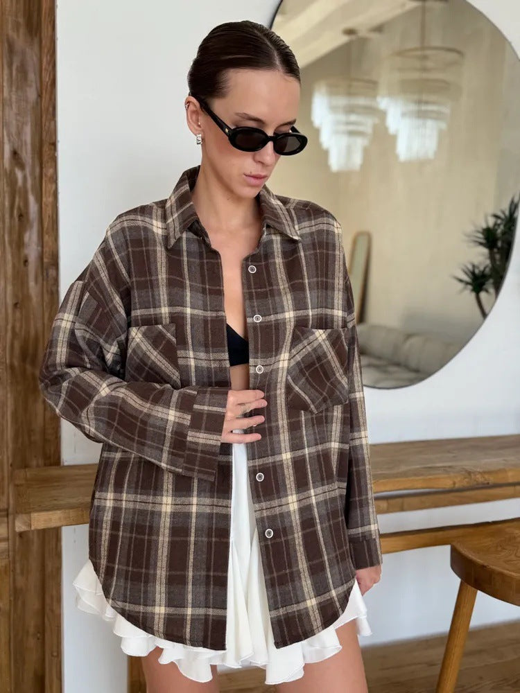 Women's Street Style Plaid Double Pocket Shirt Outer Casual Blouse