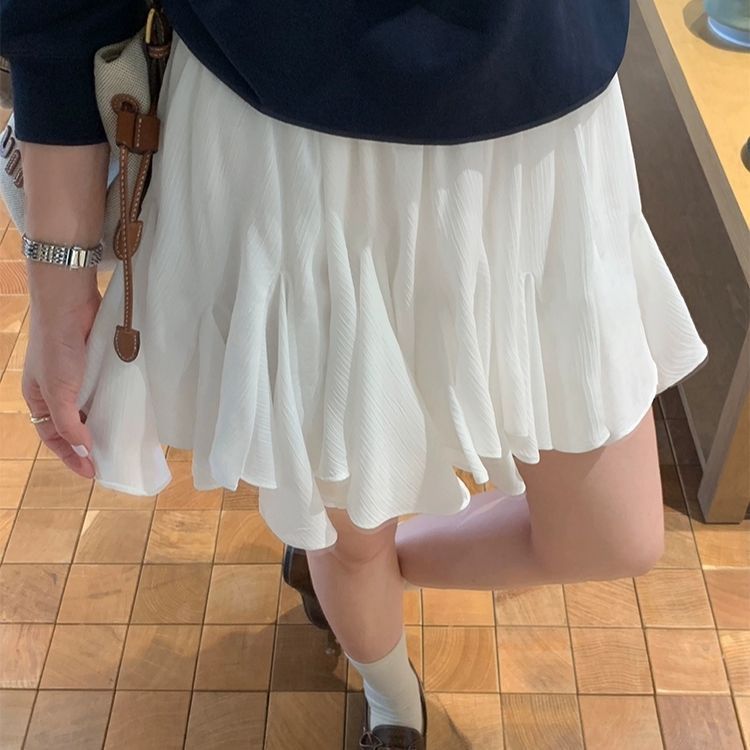 Women's White A- Word Elastic Waist Irregular High Skirts