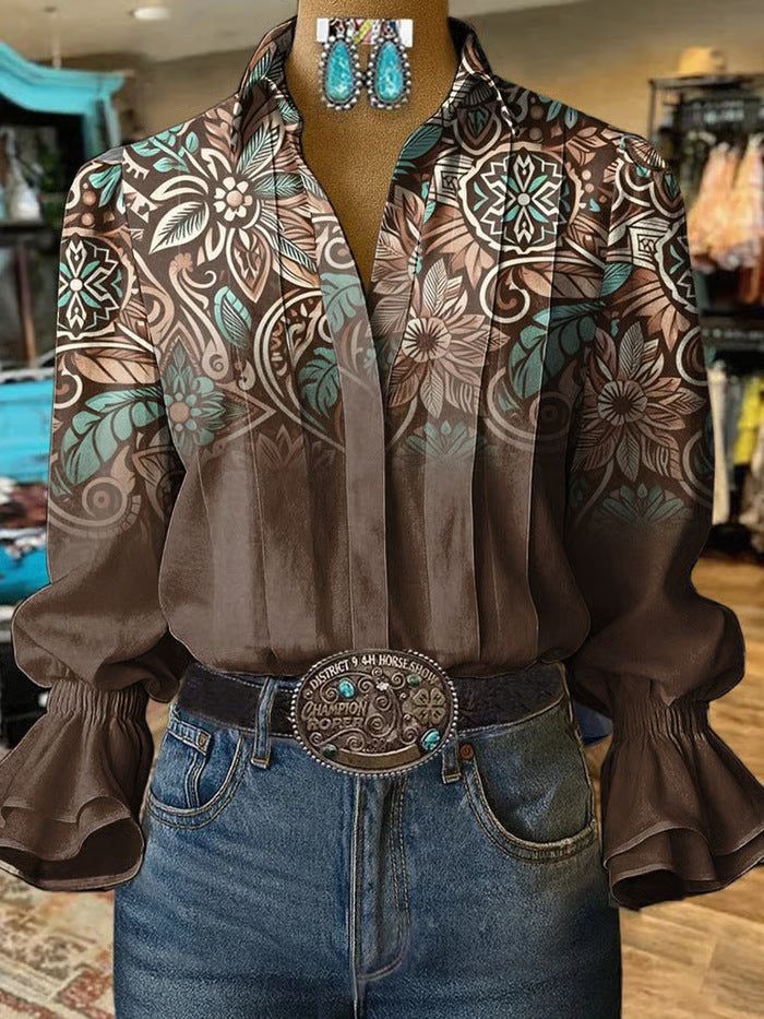 Women's Digital Printing Bohemian Trendy Bell Sleeve Blouse