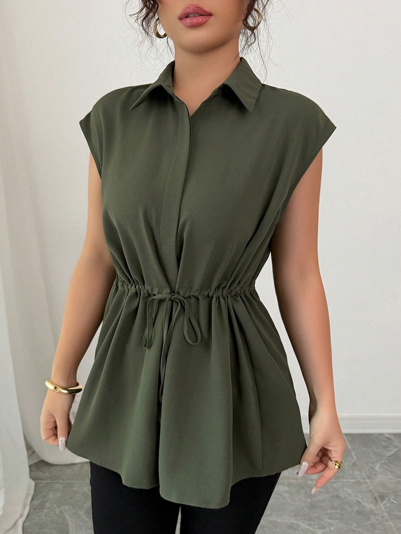 Women's Fashion Loose Waist Single-breasted Solid Color Collar Women's T-shirt