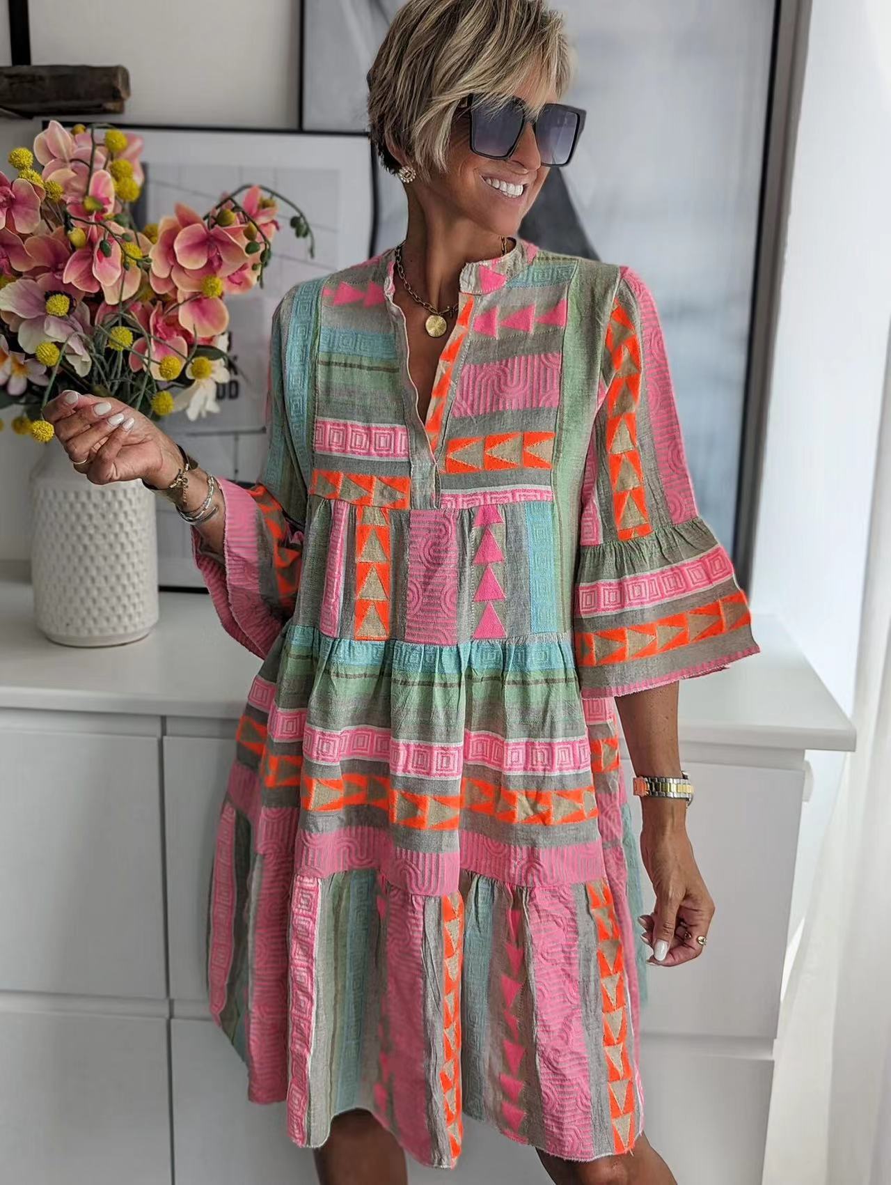 Slouchy Fashion Printing Stand-up Collar Sleeve Dress