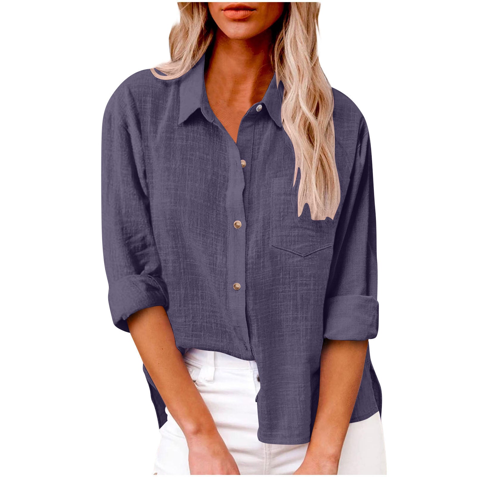 Women's Autumn Pocket Split Long Sleeve Cotton Blouse