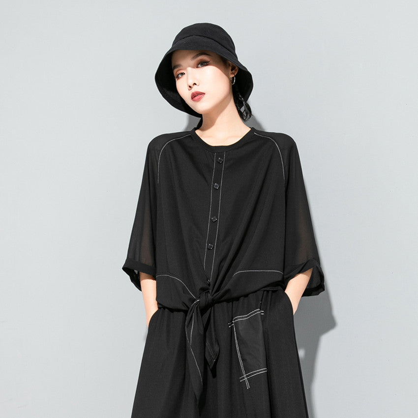 Women's Dark Cold Summer Wind Chiffon Stitching Cool Bow Loose Women's T-shirt