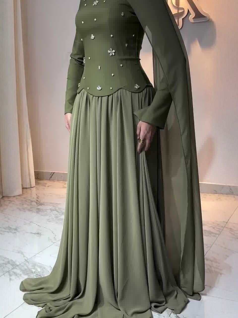 Women's Green Diamond Long Sleeves Elegant For Dress