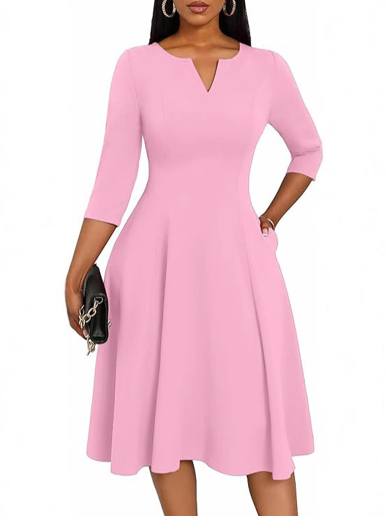 Mid-length Flared Three-quarter Sleeve Guest Work Dress