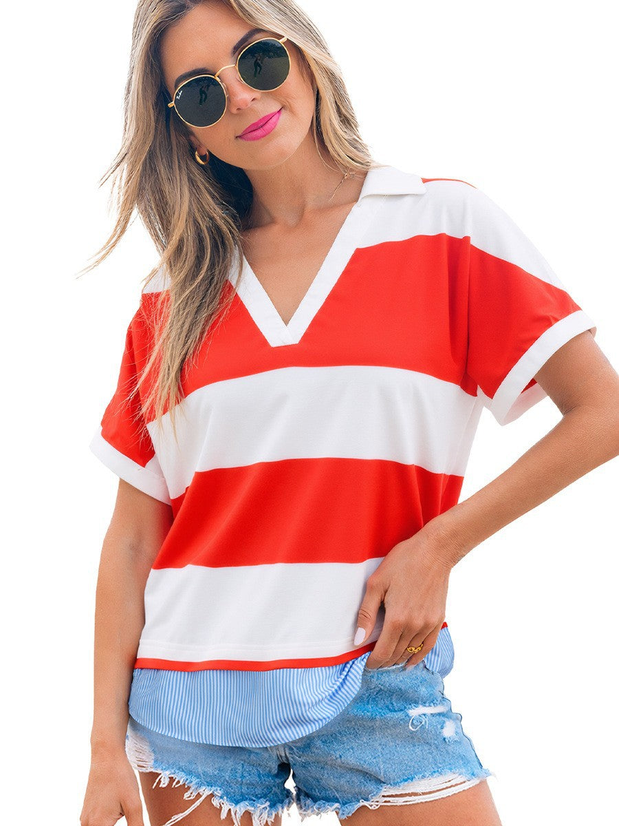 Women's Summer Deep Fashion Trend Stripes Printed Loose Women's T-shirt