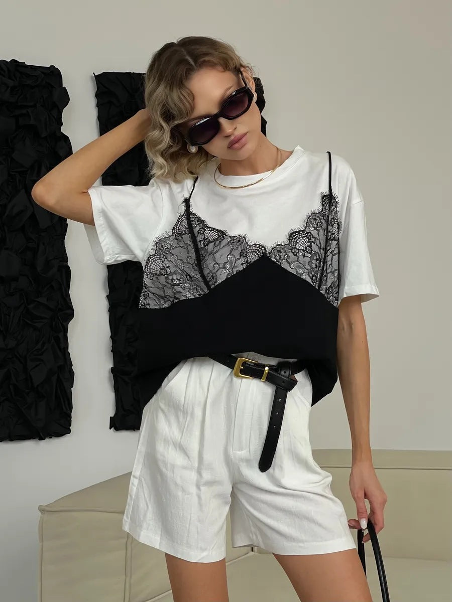 Women's Lace Stitching Loose Basic Style Round Neck Women's T-shirt