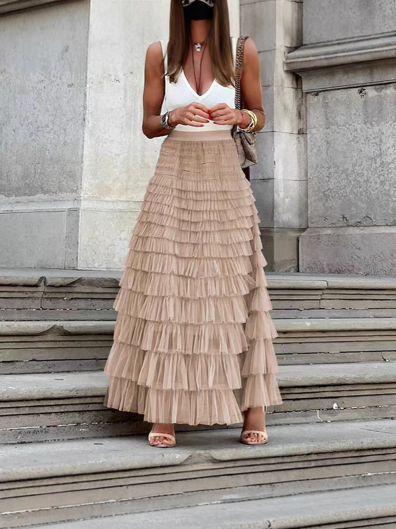 Women's French Style Long Autumn Elegant Solid Color High Waist Net Skirts