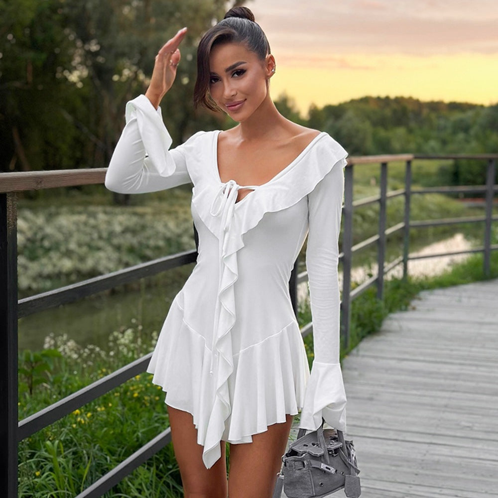 Women's Ruffled Pointed Collar Rope Flare Sleeve Dress
