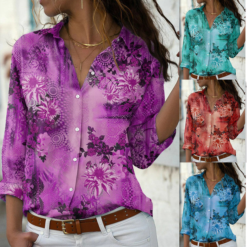 Women's Loose Lapel Long Sleeves Single-breasted Shirt Elegant Blouse