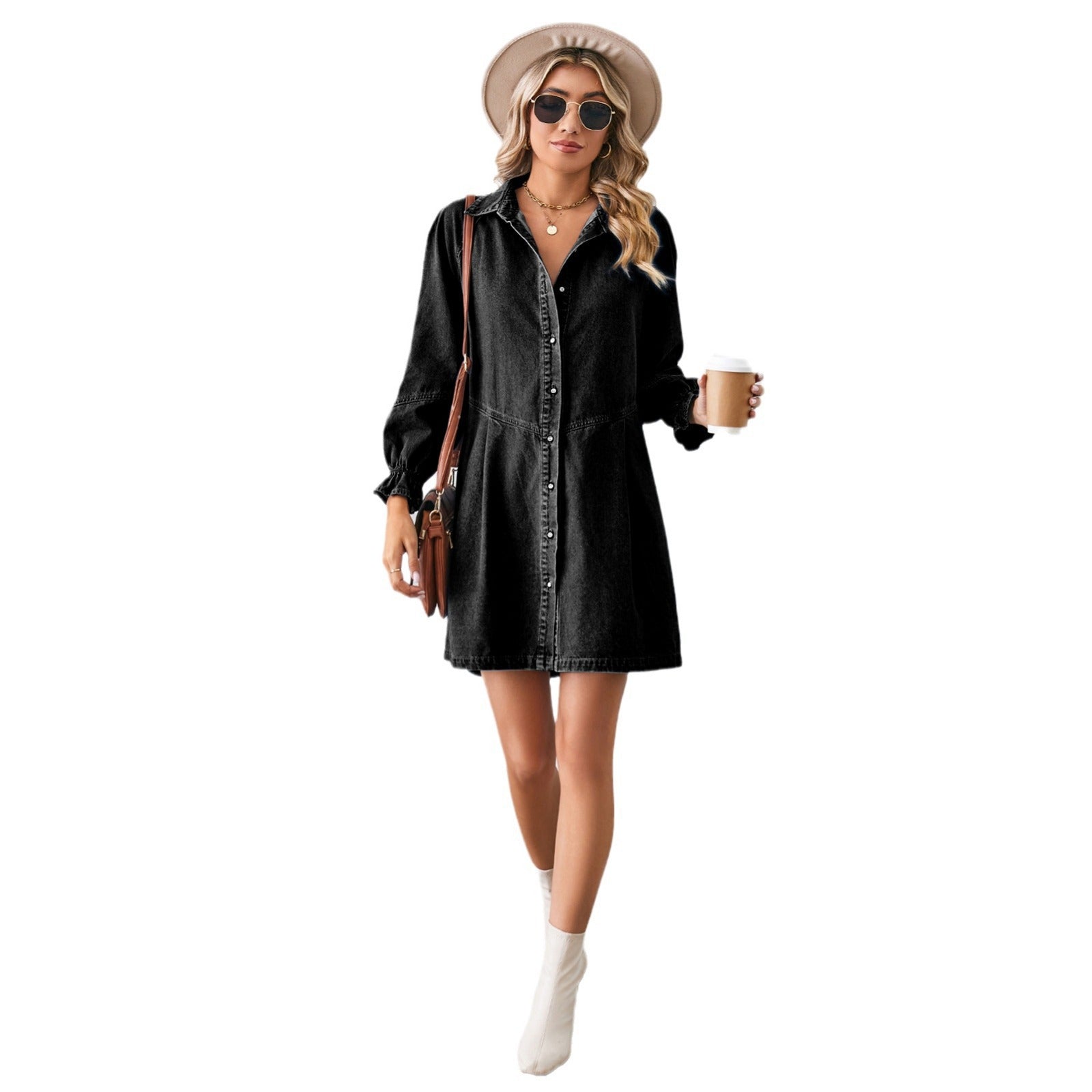 Women's Washed-out Long Sleeve Stitching Denim Midi Dress