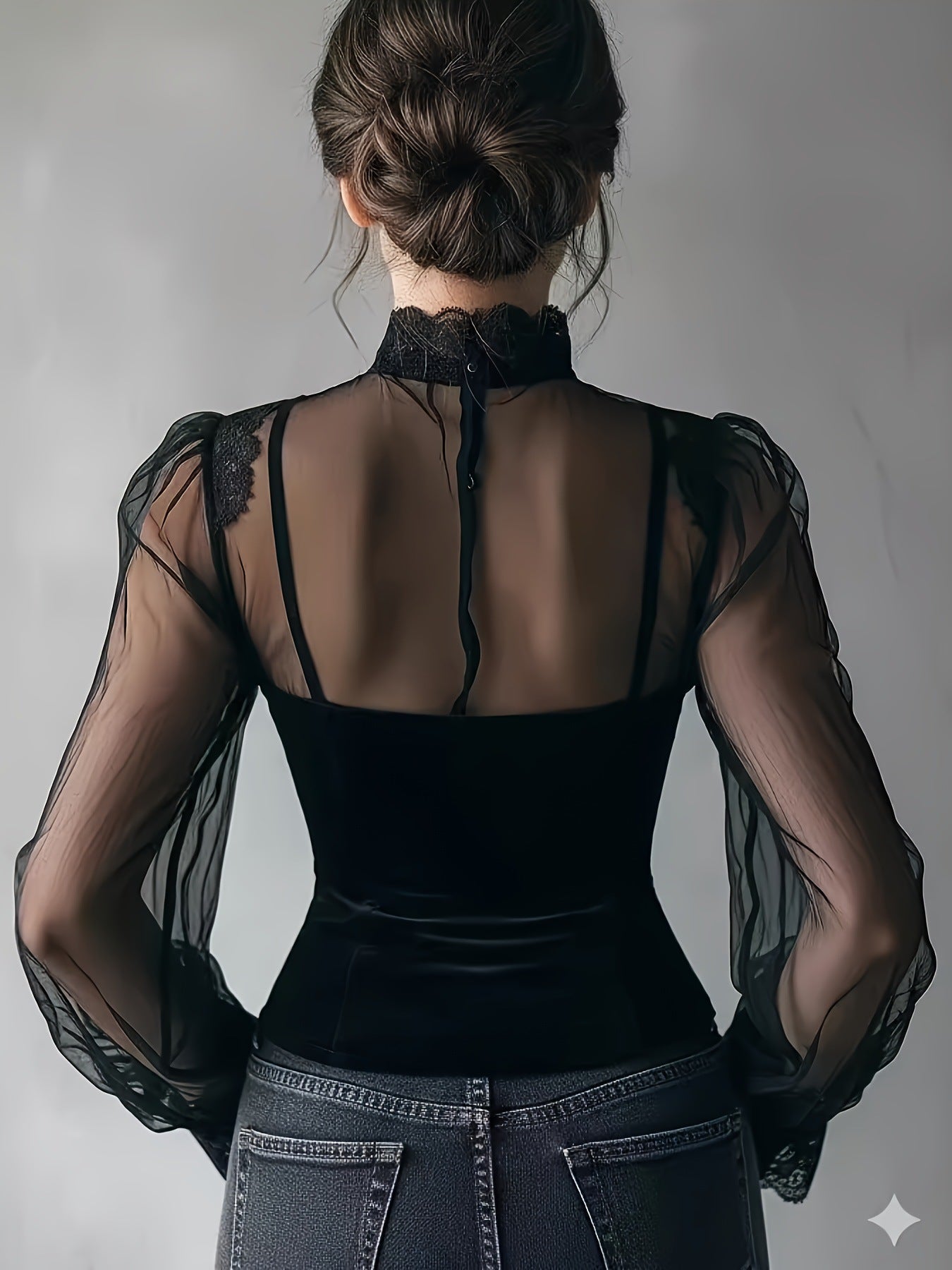 Women's Black Veet Transparent Sleeve Corset Design Blouse