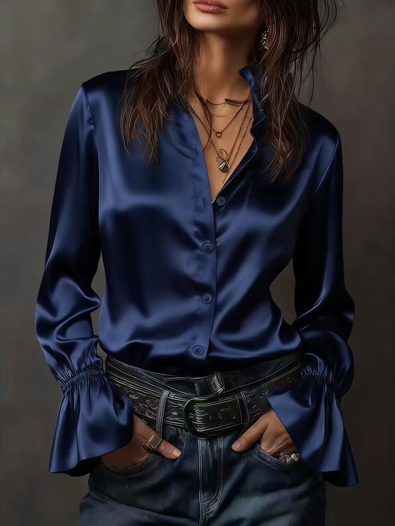 Women's Satin Silk Long Sleeve Business Casual Blouse