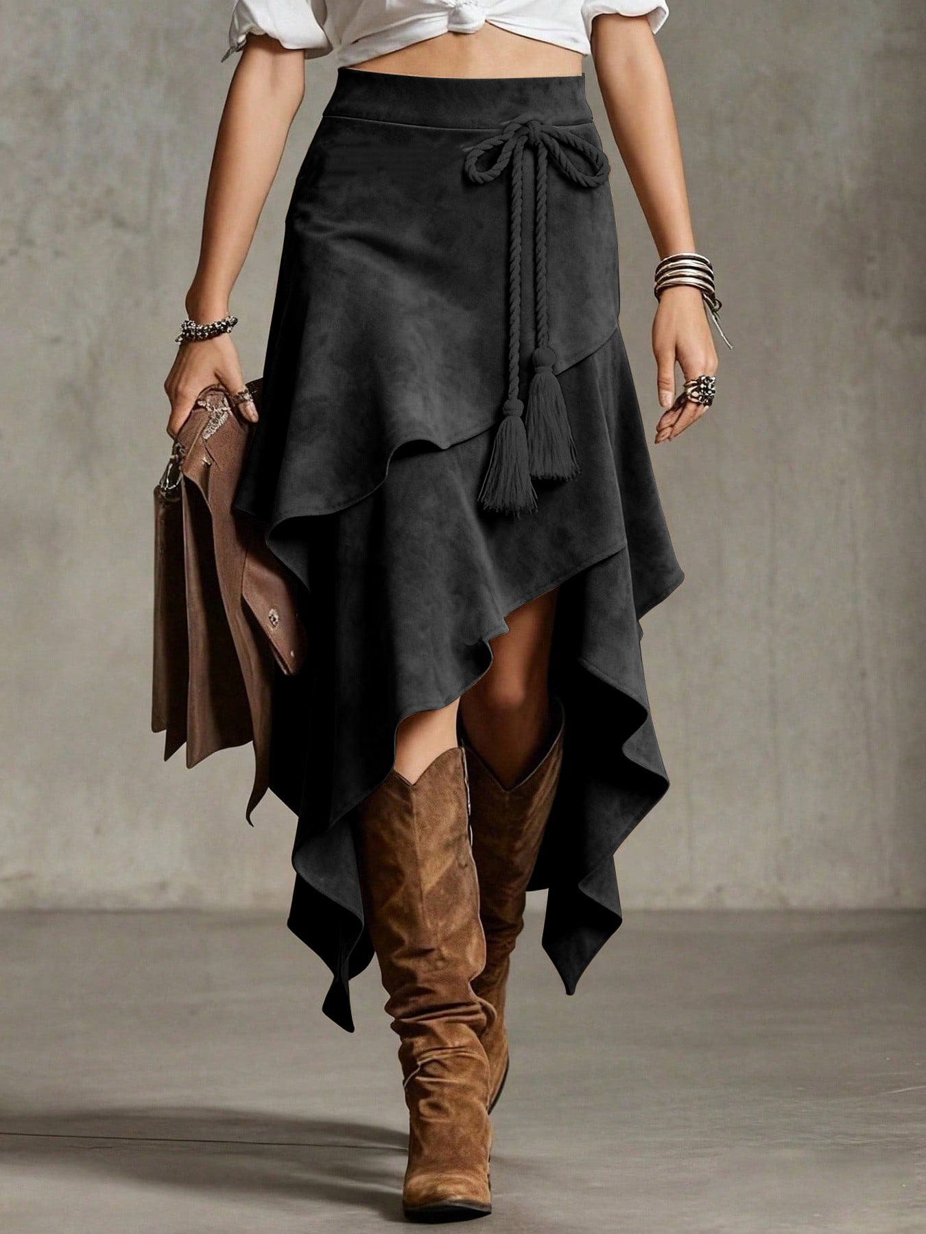 European Retro Western Style Irregular Design Suede Skirt
