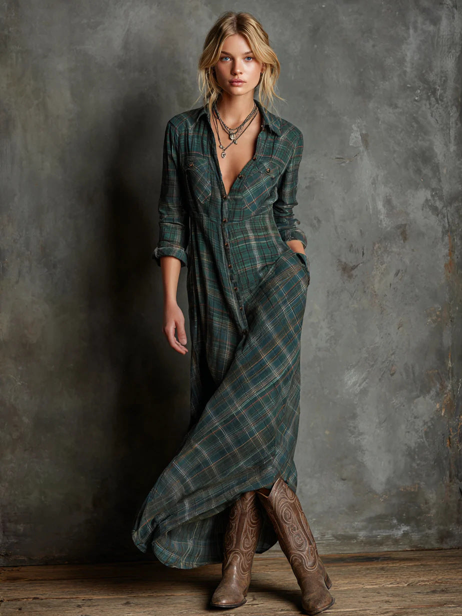 Women's Elegant Long Sleeve Plaid Shirtdress Fashion Dress