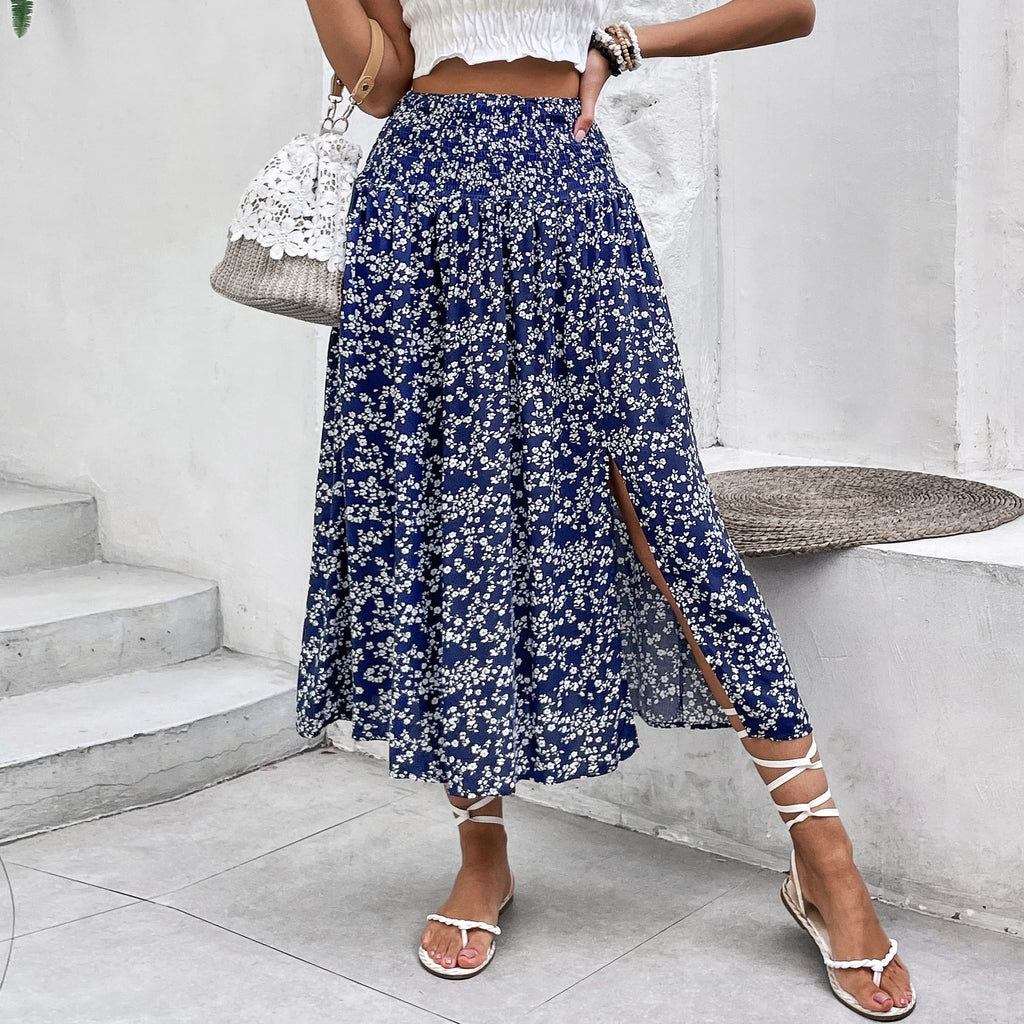 Women's Floral Summer Mid-length Holiday Print Split Skirt