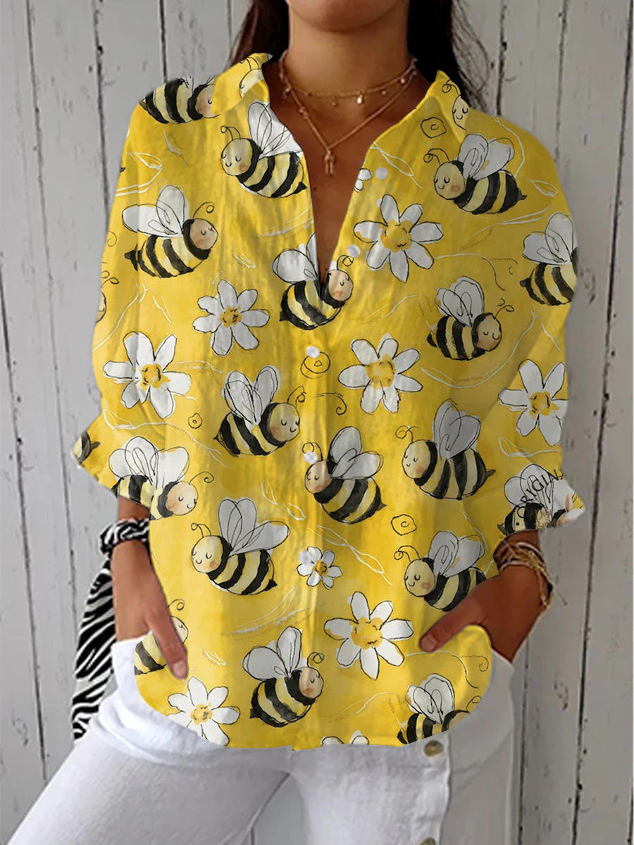 Women's Digital Printing Lapel Long Sleeve Linen Blouse