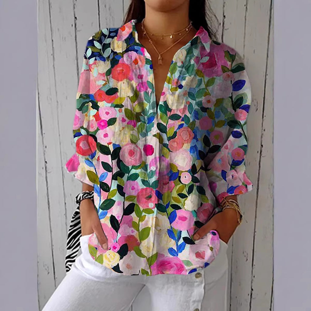 Women's Digital Printing Lapel Long Sleeve Linen Blouse