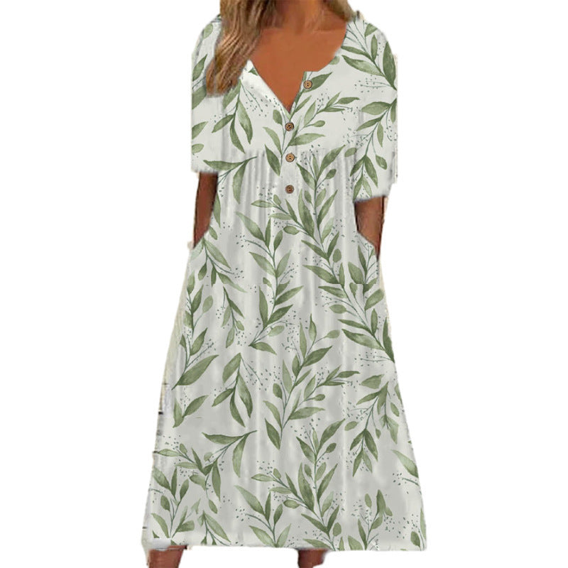 Women's Spring Printed Button Sleeve Pocket Dress