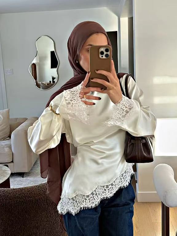 Women's Neck Solid Color Long Sleeve Irregular Hem Lace Bottoming Blouse