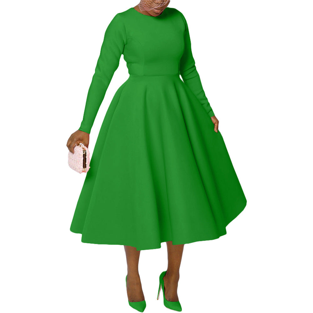 Women's Solid Color Round Neck Long Sleeve Flat Part Of Knife Dress