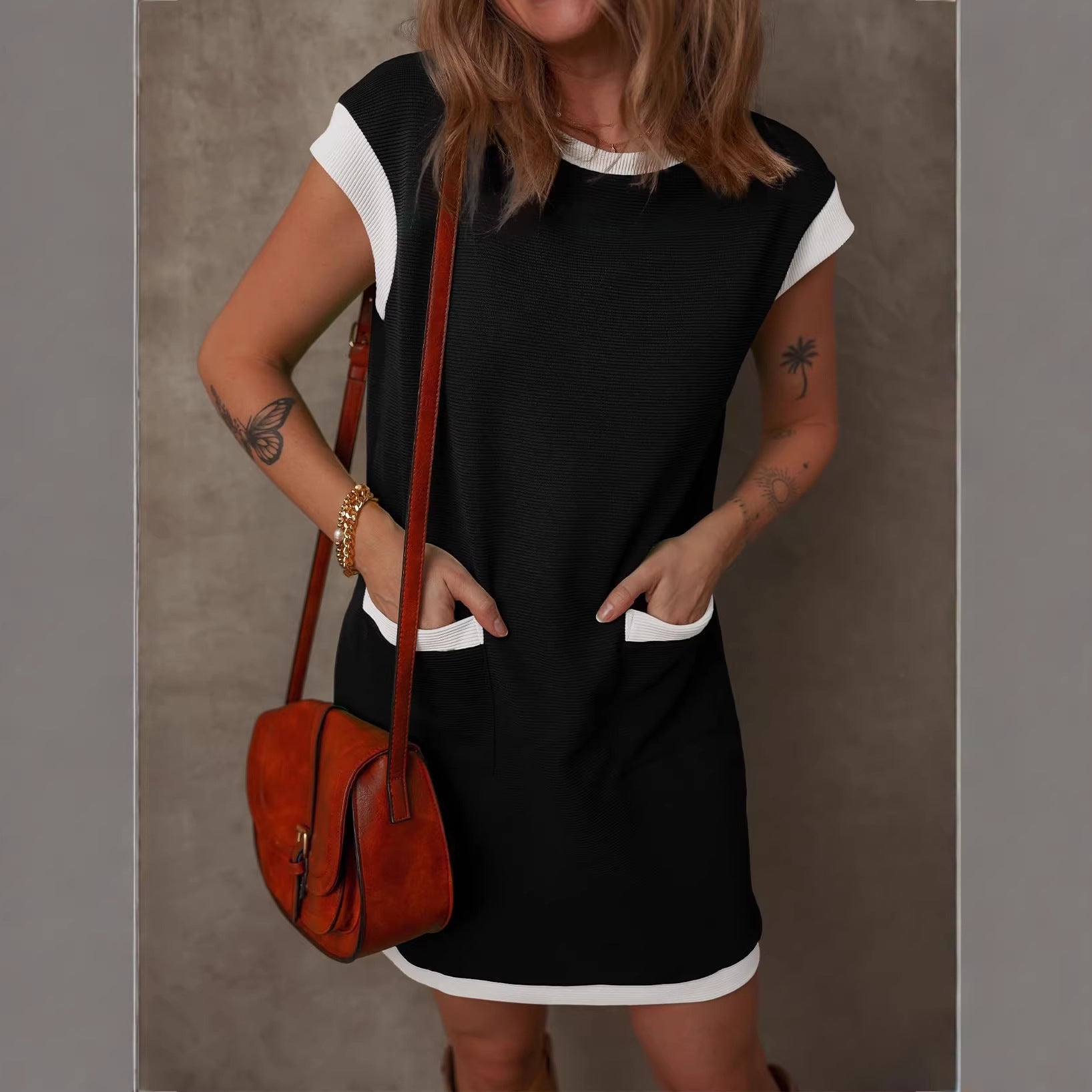 Women's Pullover Pocket Cover Sleeve Color Matching Straight Dress
