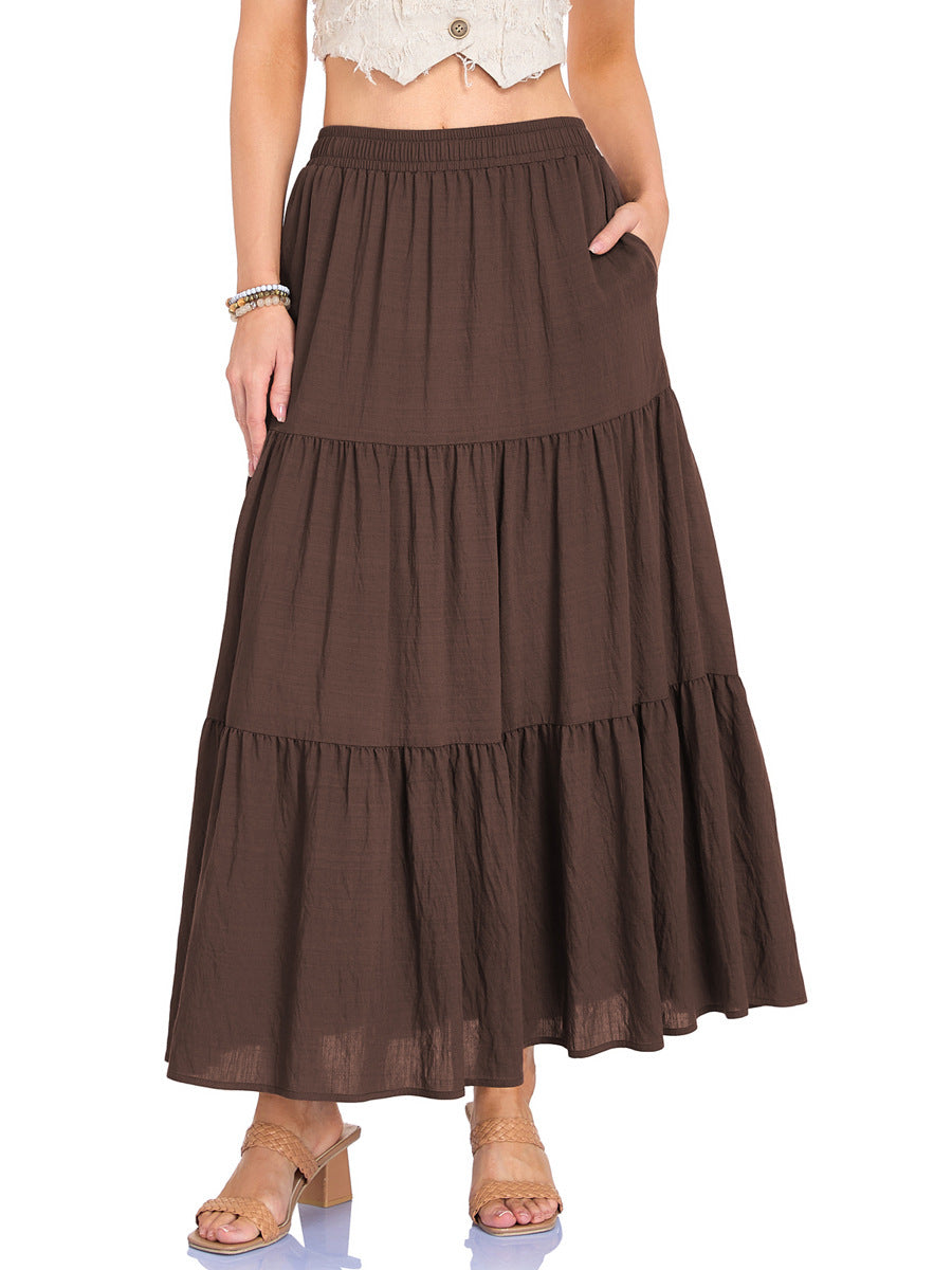 Women's Linen Pocket High Waist Elastic Band Lining Skirt