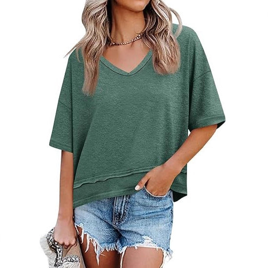 Women's Solid Color Half Sleeve Hem Stitching Women's T-shirt
