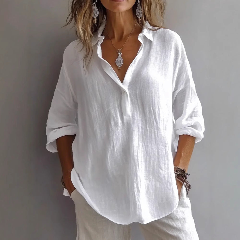 Solid Color Casual Loose Long Sleeve Linen Blouse