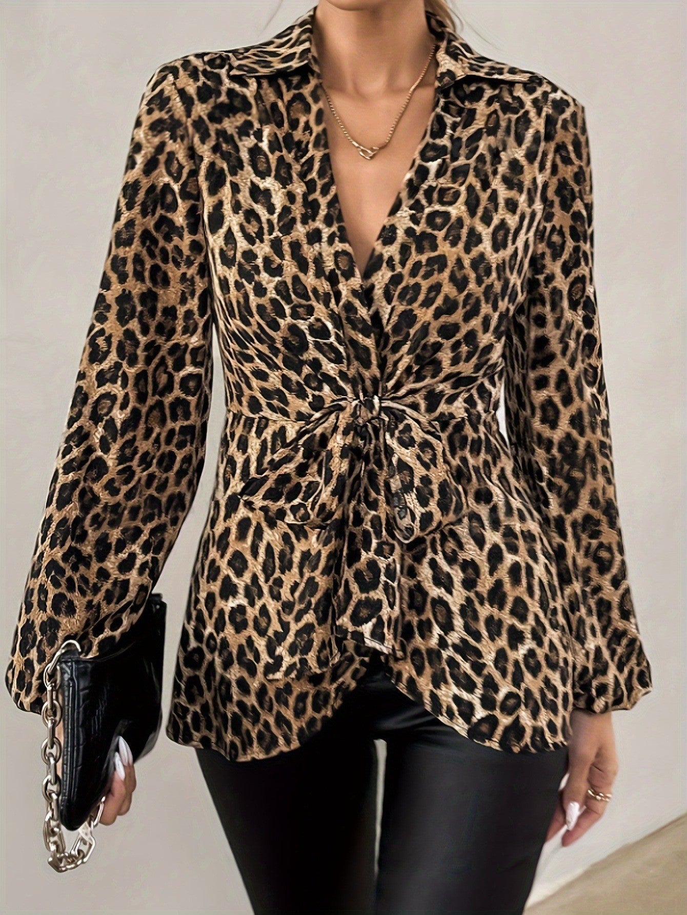 Long Sleeve Fashion Leopard Print Tied Temperament Blouse