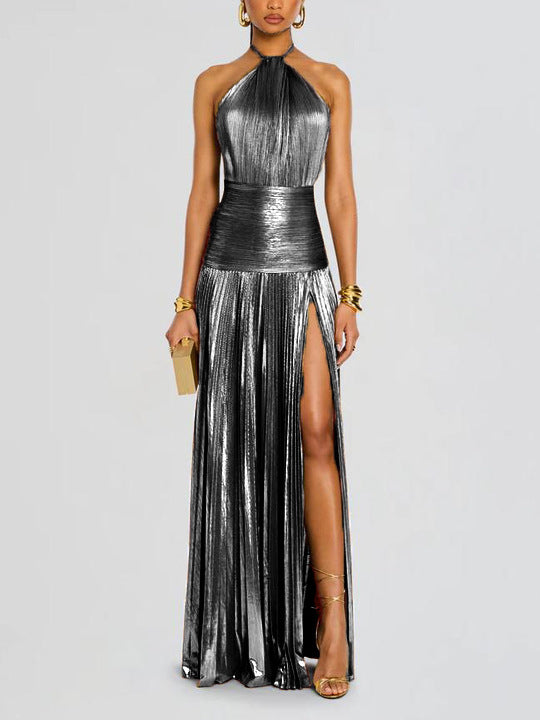 Women's Metallic Pleated Split Halter Sleeveless Backless Dress