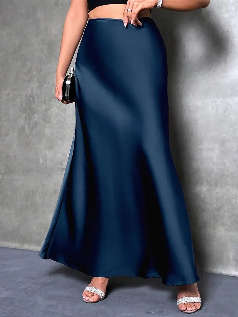 Women's High Waist Ladies Solid Color Maxi Satin Skirt