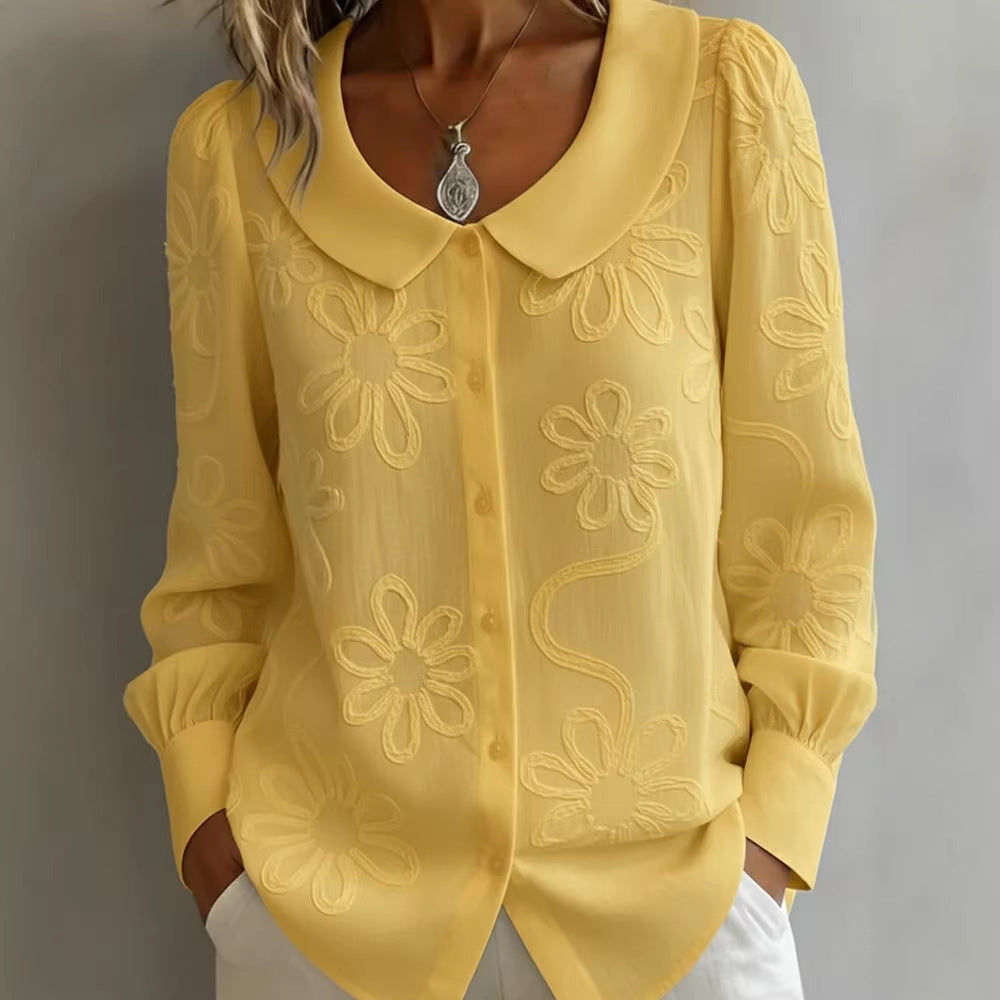 Embroidered Jacquard Doll Collar Long Sleeve Blouse