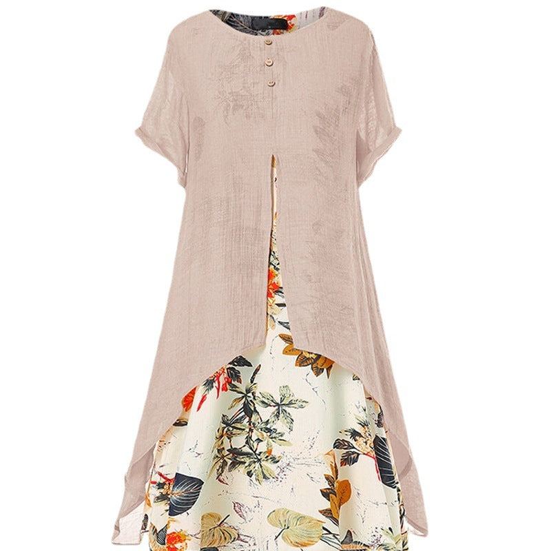 Women's Elegant Cotton Linen Floral Large Swing Dress