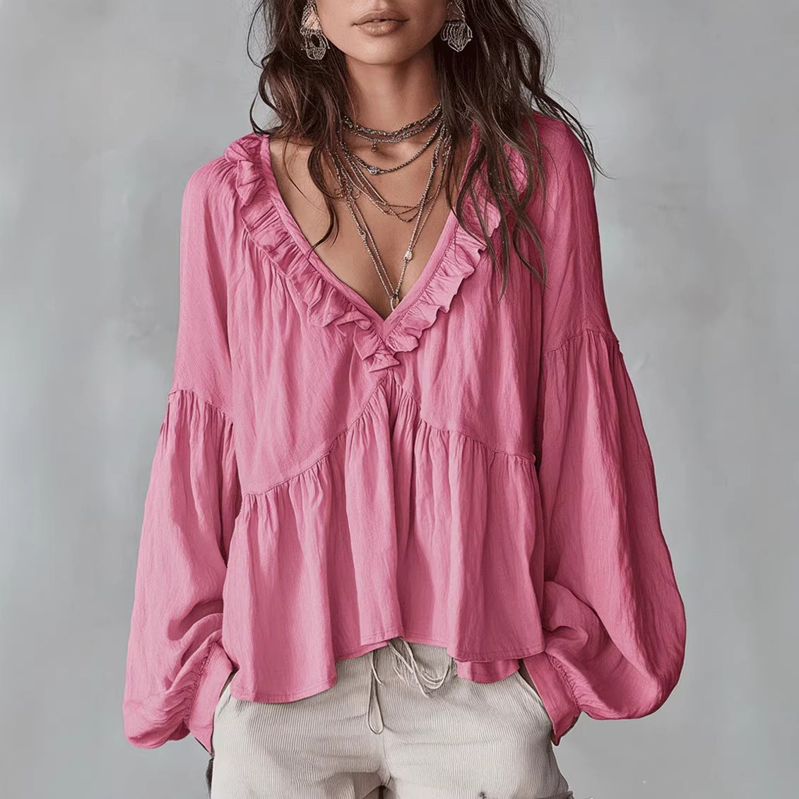 Casual Sweet Wooden Ear Puff Sleeve Pleated Blouse