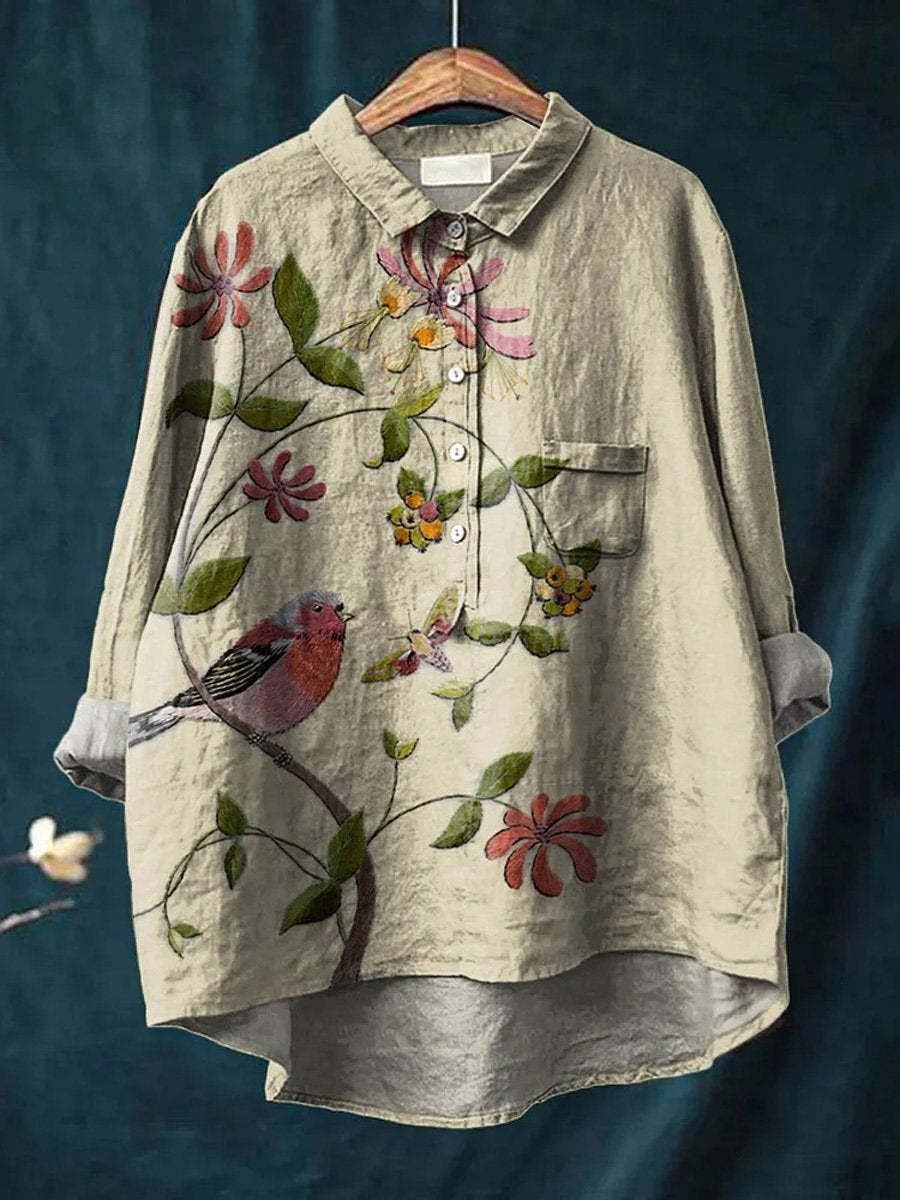 Women's Long-sleeved Personality Printing Lapel Comfortable Long Sleeve Half Button Blouse