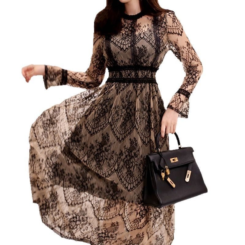 Women's Autumn Elegant Lace Large Hem Mid-length Dress