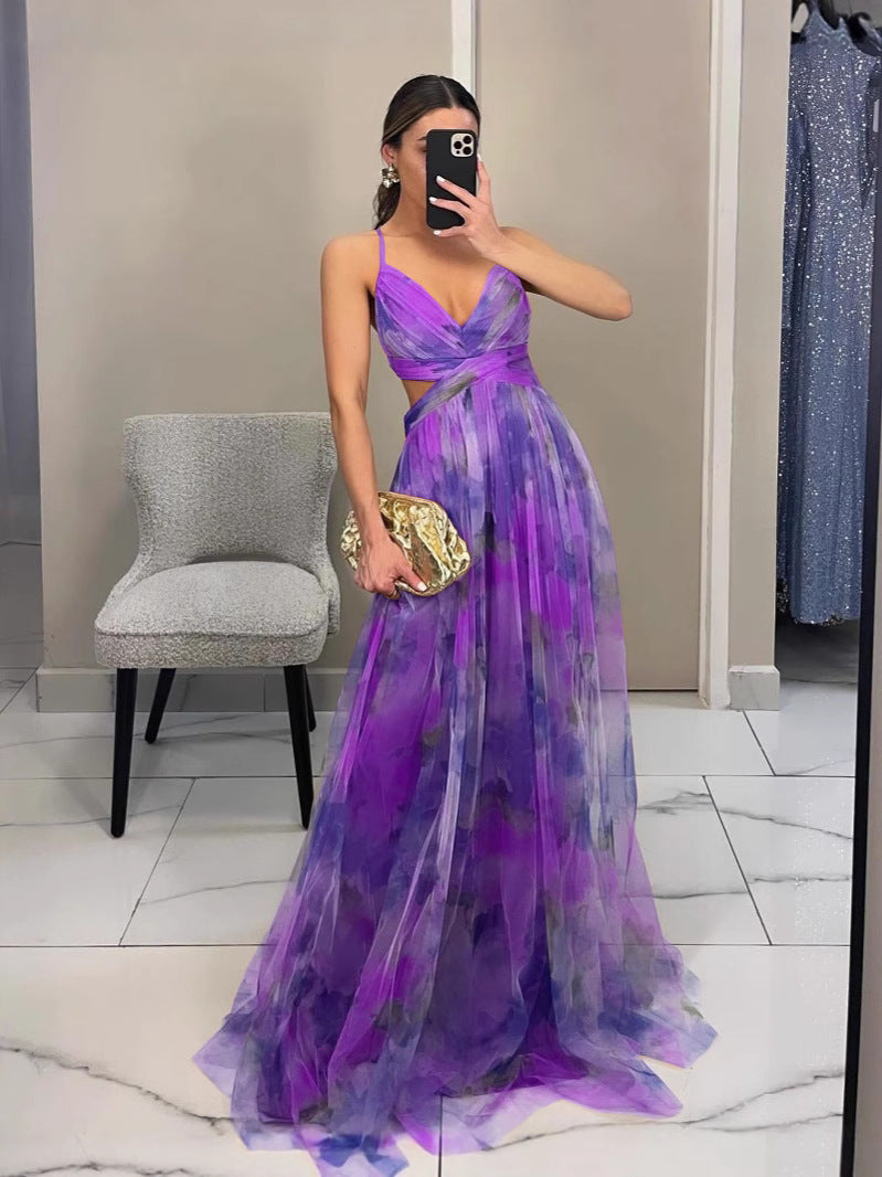 Mesh Printing Slip Vacation Leisure Party Dress