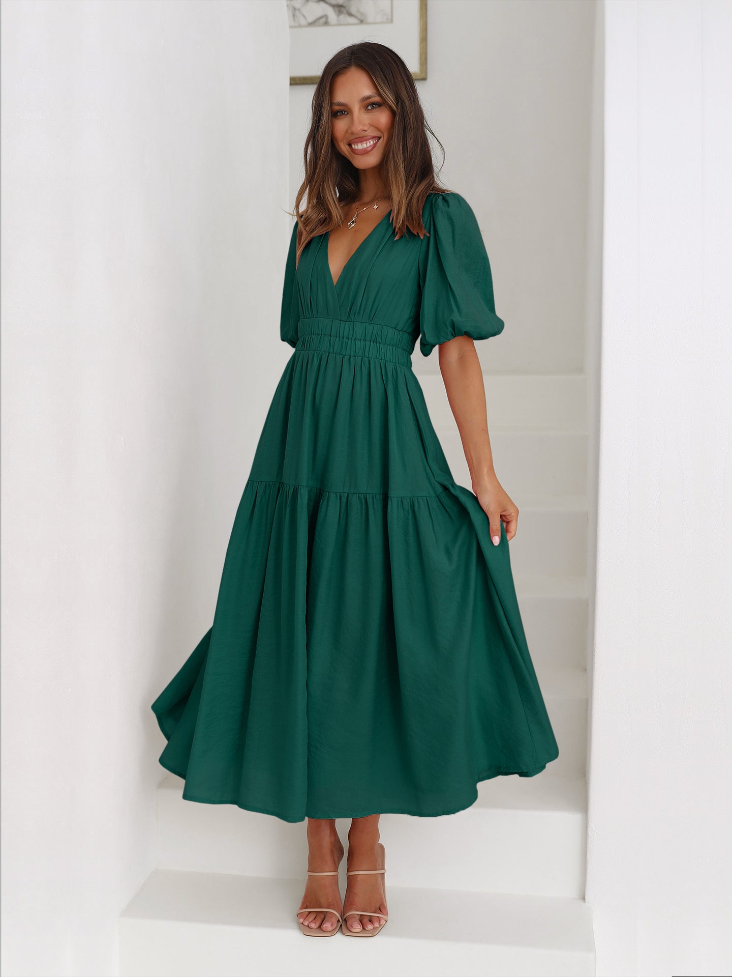 Women's High-grade Deep V Puff Sleeve Holiday Fashion Dress