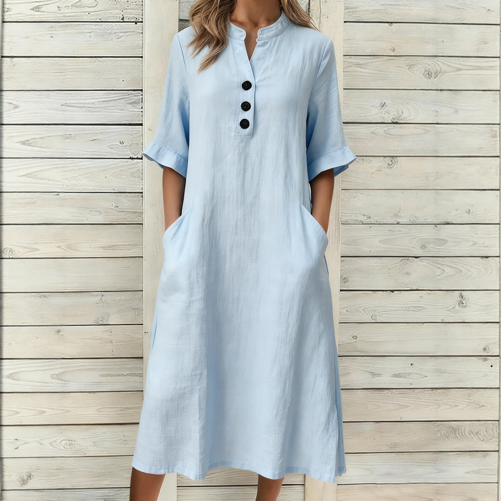 Cotton Linen Stand Collar Ornament Sleeve Dress