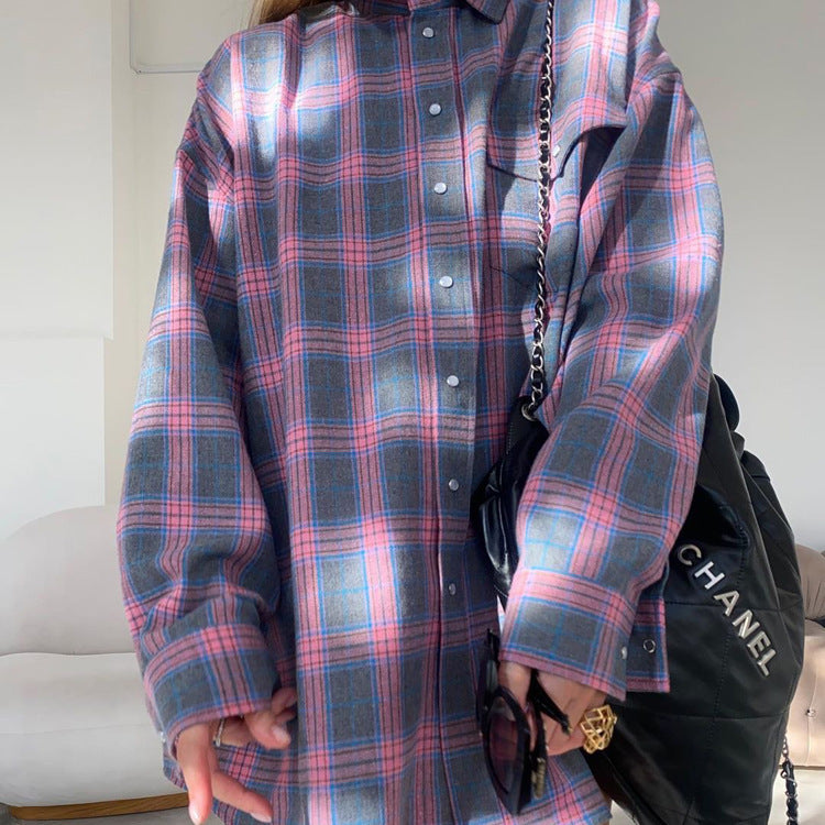 Women's Retro Style Loose Spring Plaid Striped Blouse