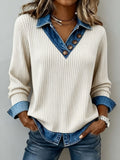 Women's Denim Patchwork Sunken Stripe Knitted Two Pieces Long-sleeved Women's Sweater
