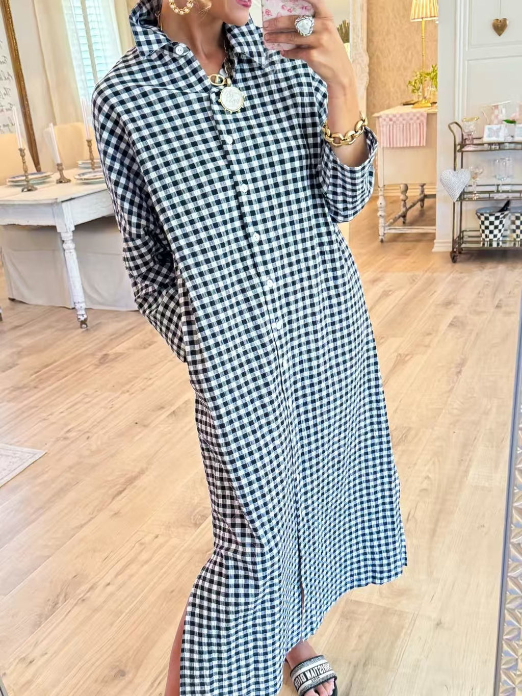 Women's Plaid Loose Slimming Side Slit Long Below The Knee Shirt Blouse